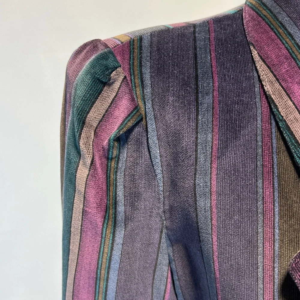 VINTAGE velvet moody jewel tone stripe blazer suit coat womens tailored 80s - Picture 3 of 12